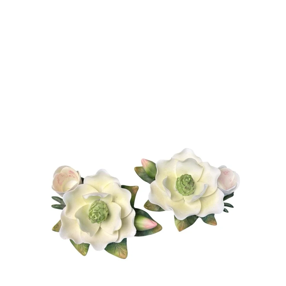Set 2 Vintage Magnolia Flower Porcelain Figurines White Floral Decor‎